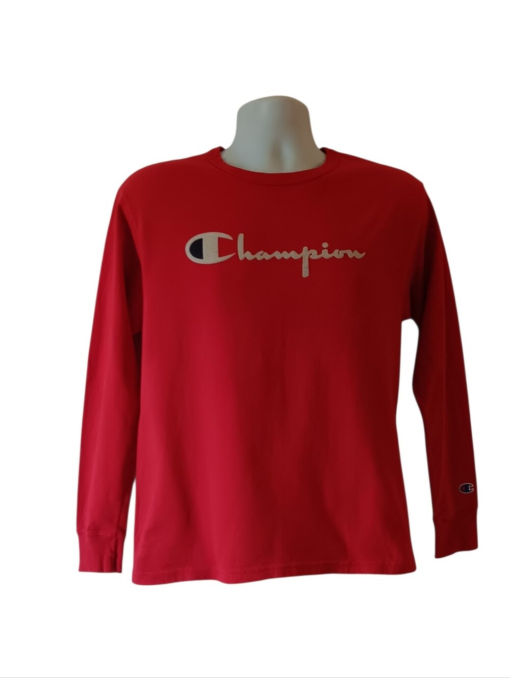Champion men's red long-sleeve velvet graphic activewear vintage t shirt size S